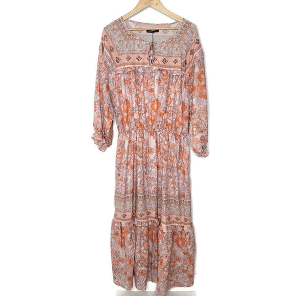 Noracora NWT boho maxi long sleeve flowey floral orange and white dress size XL - Picture 2 of 5